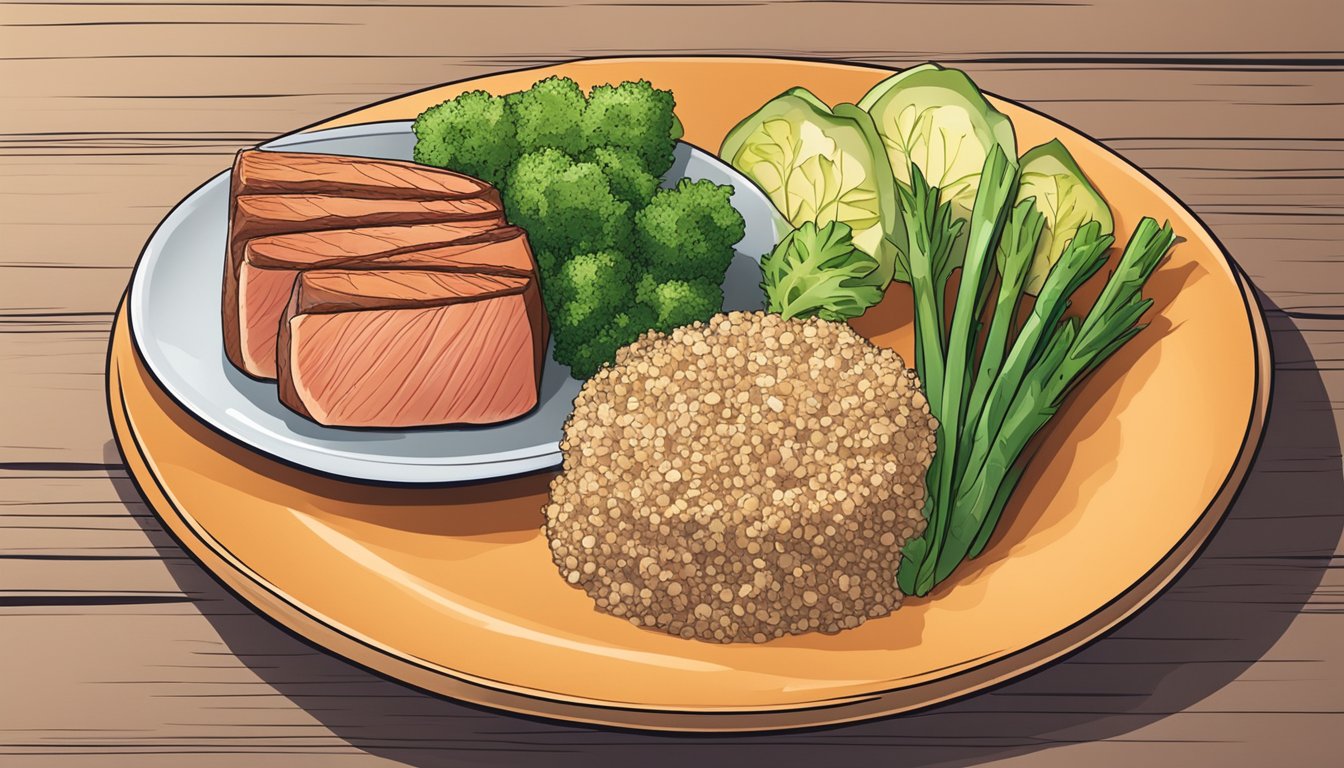 A plate of tuna steak with a side of quinoa and steamed vegetables