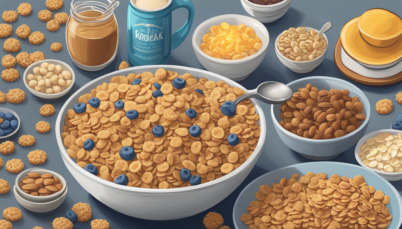 A bowl of Kodiak Cakes Crunchy cereal surrounded by a variety of low-glycemic breakfast cereals, with a spoon placed next to the bowl