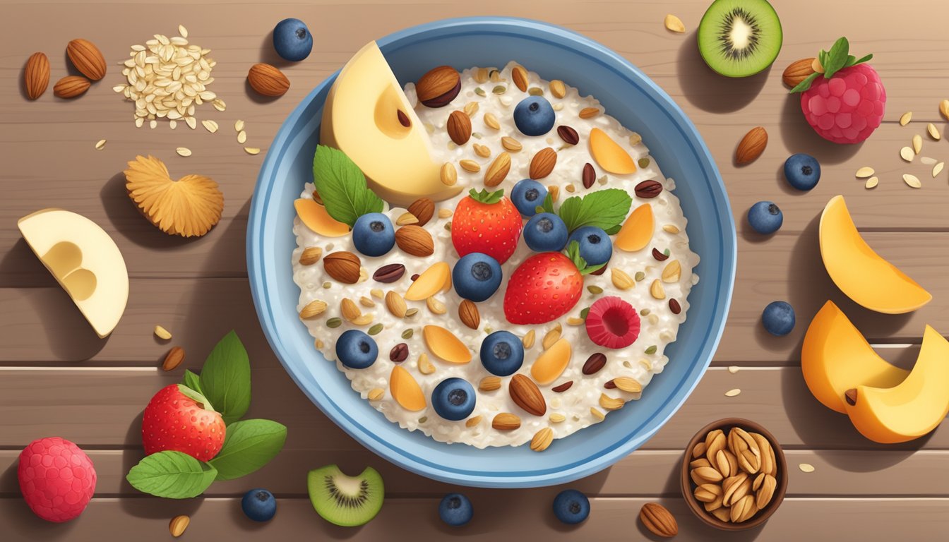 A bowl of overnight oats topped with a variety of nuts and seeds, surrounded by fresh fruits and a glass of water on a wooden breakfast table