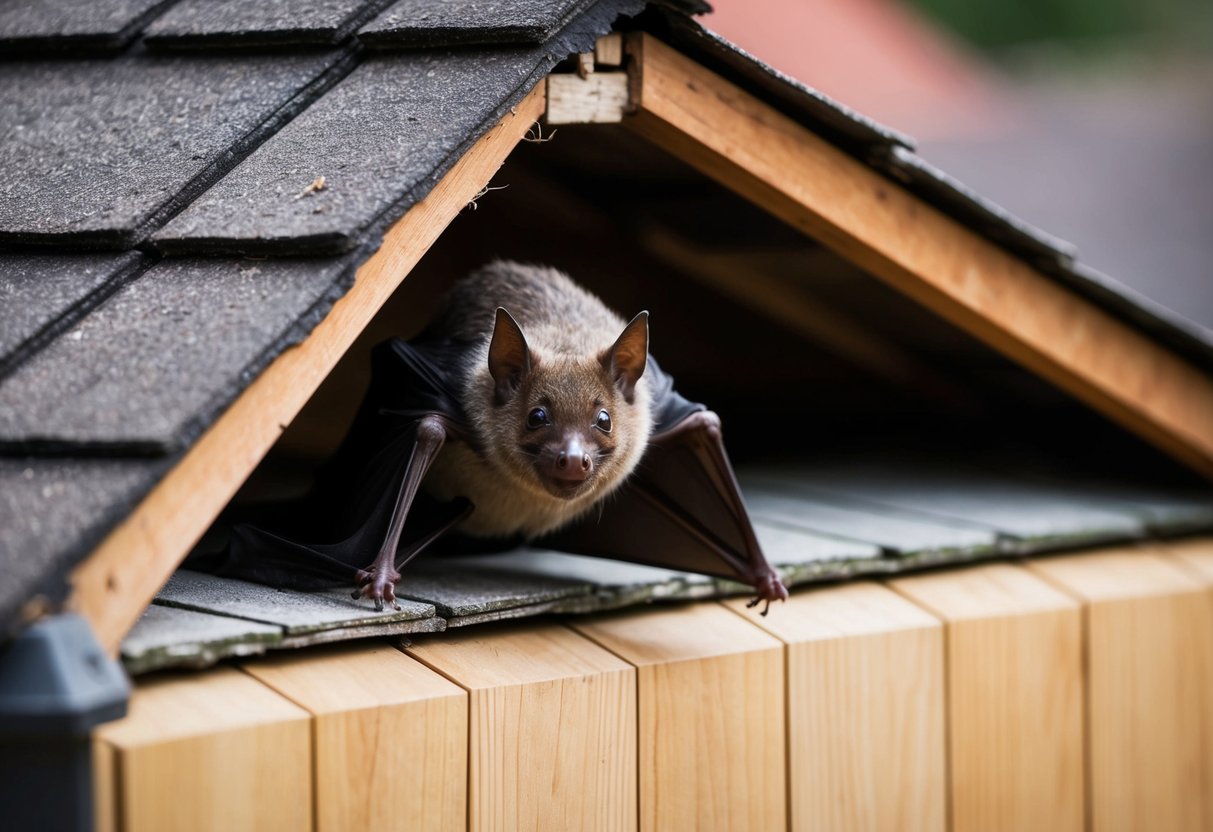 A bat squeezing through a small gap in the roof, drawn to the warmth and shelter of the house interior
