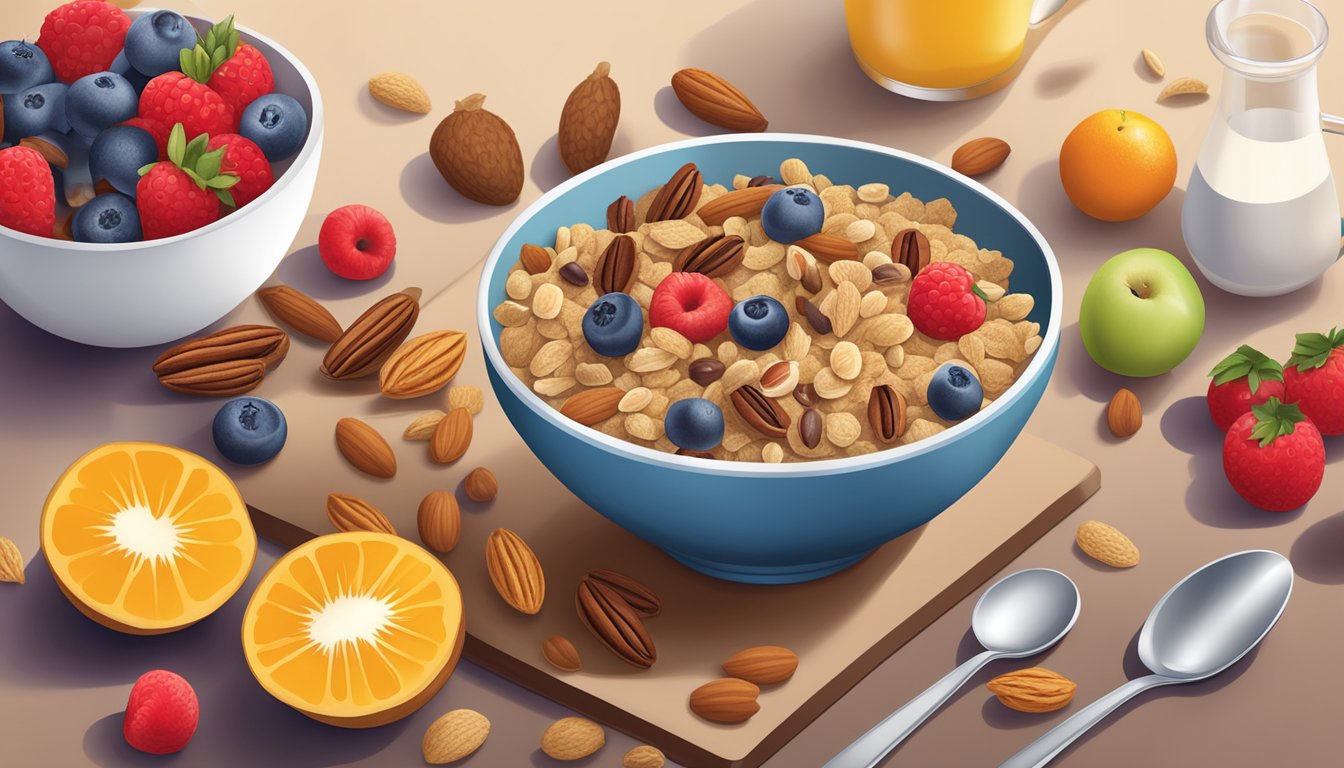 A bowl of Kellogg's All-Bran cereal surrounded by a variety of low-glycemic fruits and nuts, with a spoon resting on the side