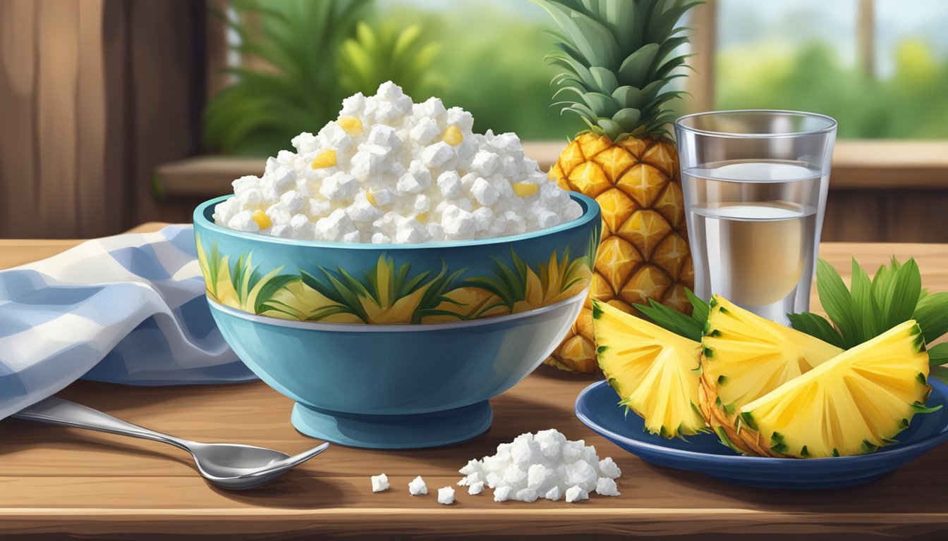 A bowl of cottage cheese topped with pineapple sits on a rustic wooden table, surrounded by fresh fruit and a glass of water