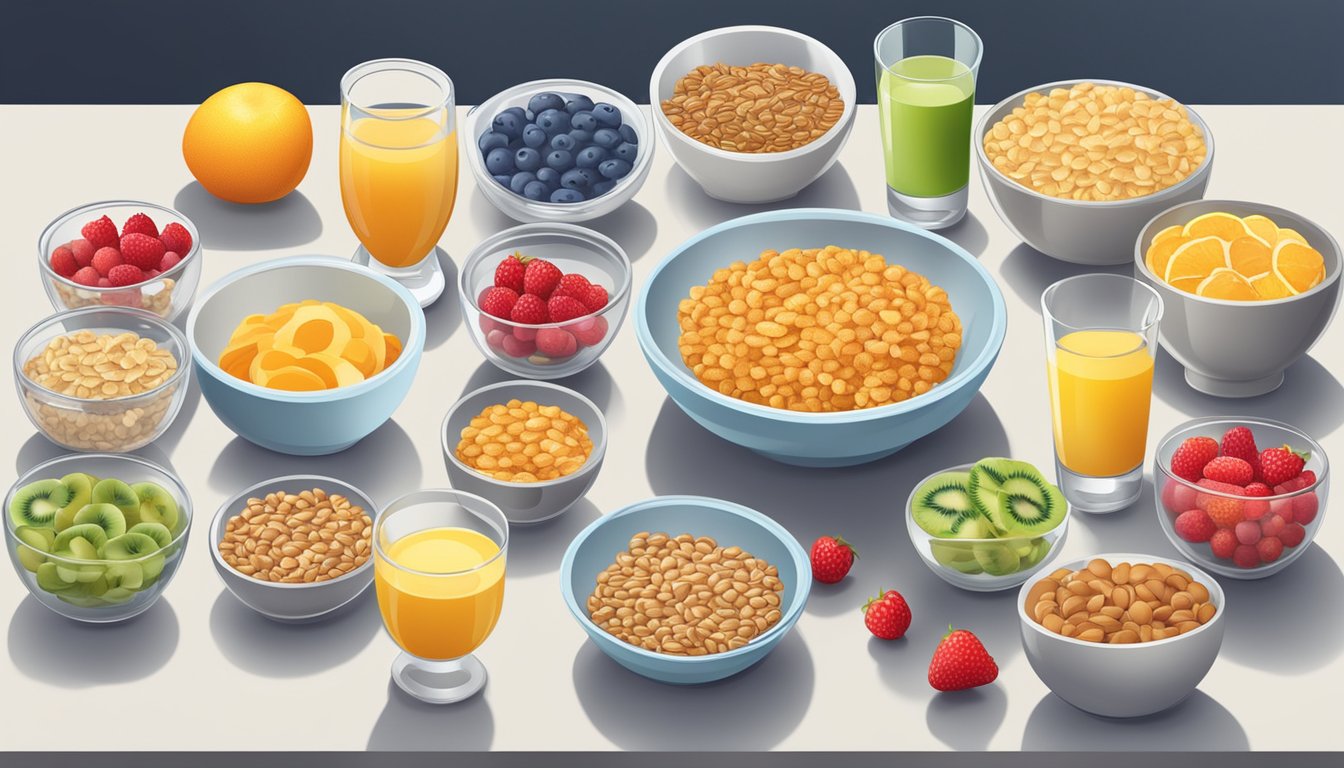 A table set with various bowls of low-glycemic breakfast cereals, surrounded by fresh fruits and a glass of water