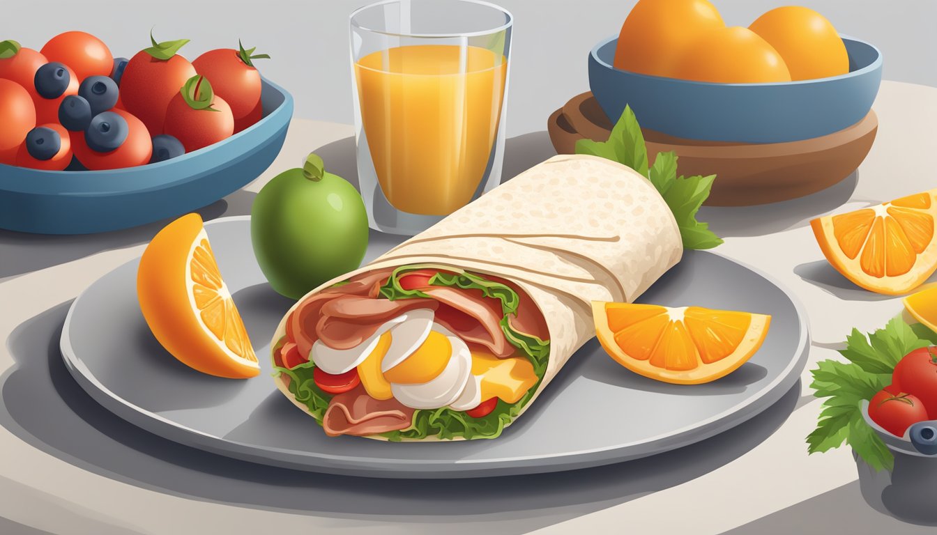 A breakfast wrap with turkey bacon and tomatoes, surrounded by fresh fruits and a glass of orange juice on a table