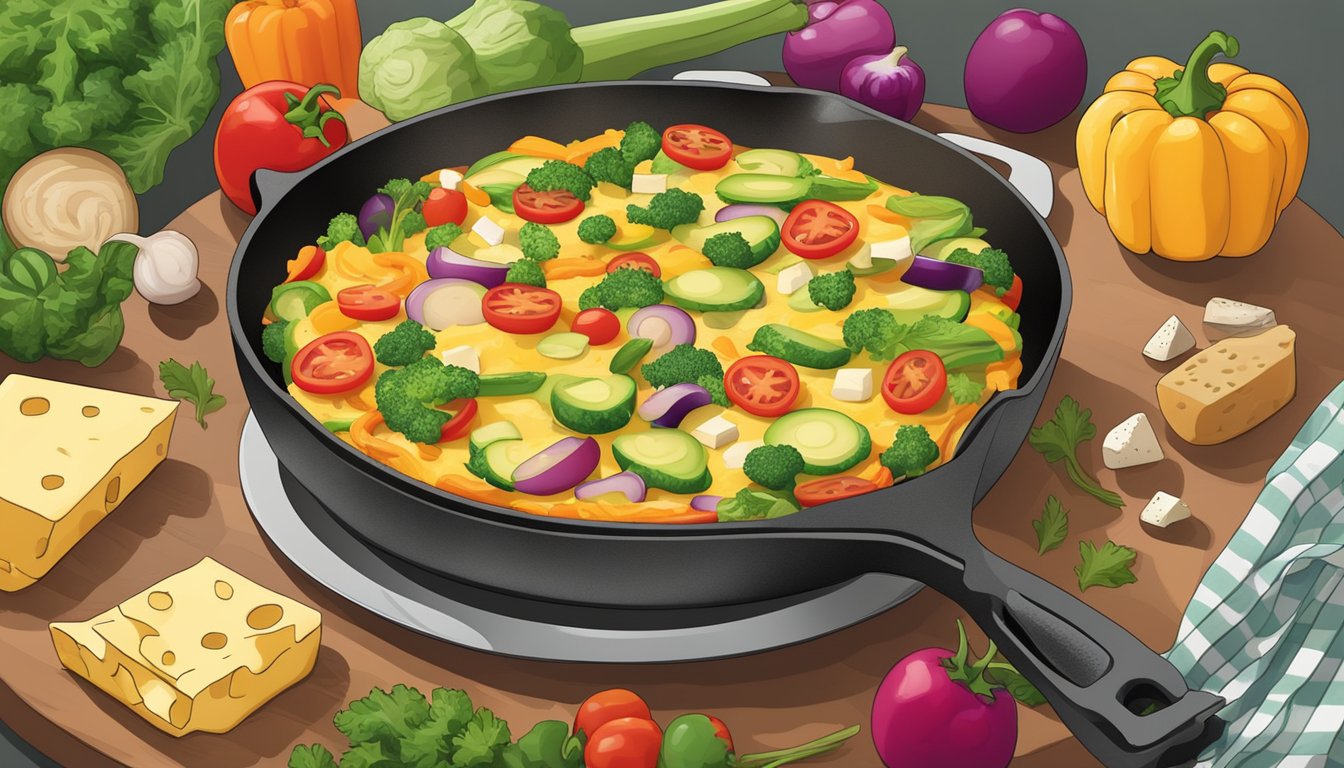 A colorful array of fresh vegetables and cheese arranged around a sizzling frittata in a skillet on a stovetop