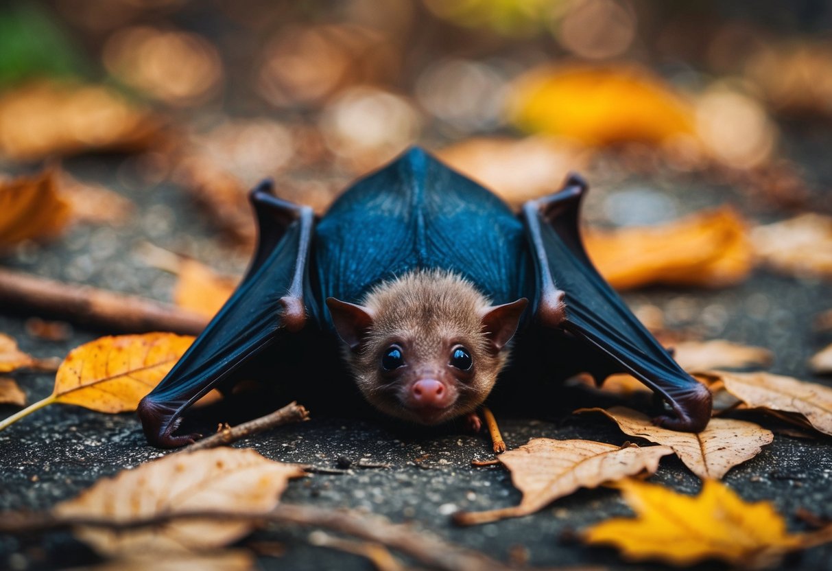 A baby bat lies motionless on the ground, surrounded by fallen leaves and twigs