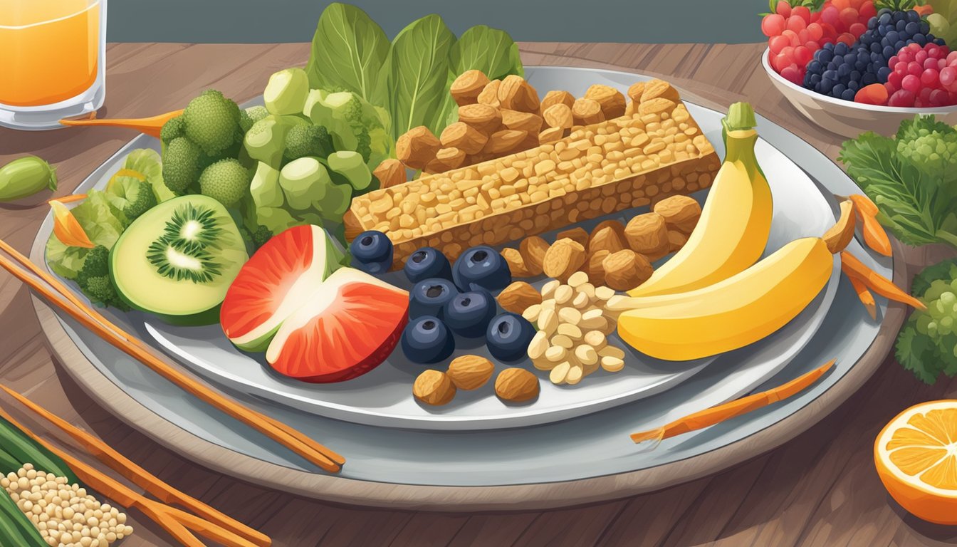 A plate with tempeh, surrounded by a variety of colorful fruits, vegetables, and whole grains, representing a balanced diet