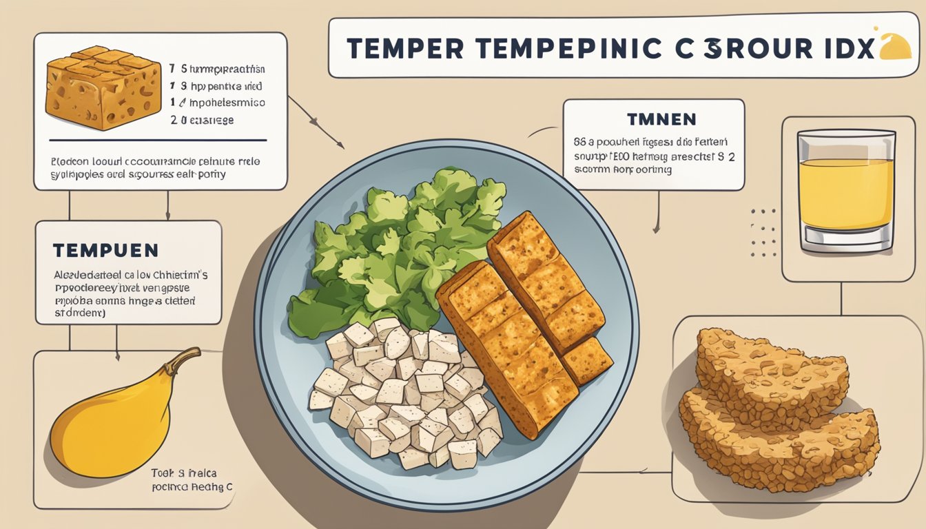 A plate with tempeh, tofu, and chicken, accompanied by a chart showing tempeh's low glycemic index compared to the other protein sources