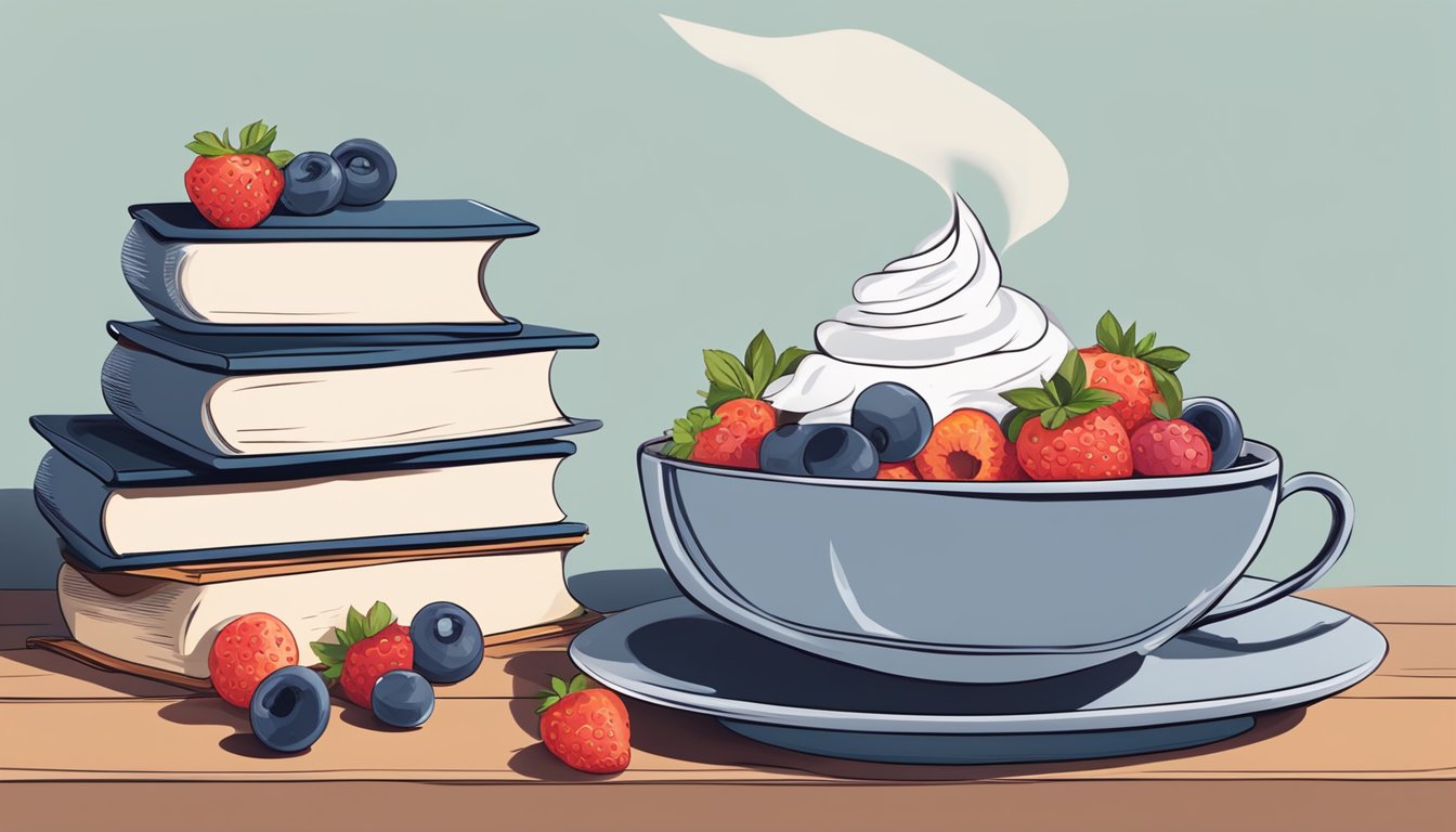 A bowl of Greek yogurt topped with fresh berries sits on a wooden table next to a stack of books and a steaming cup of tea