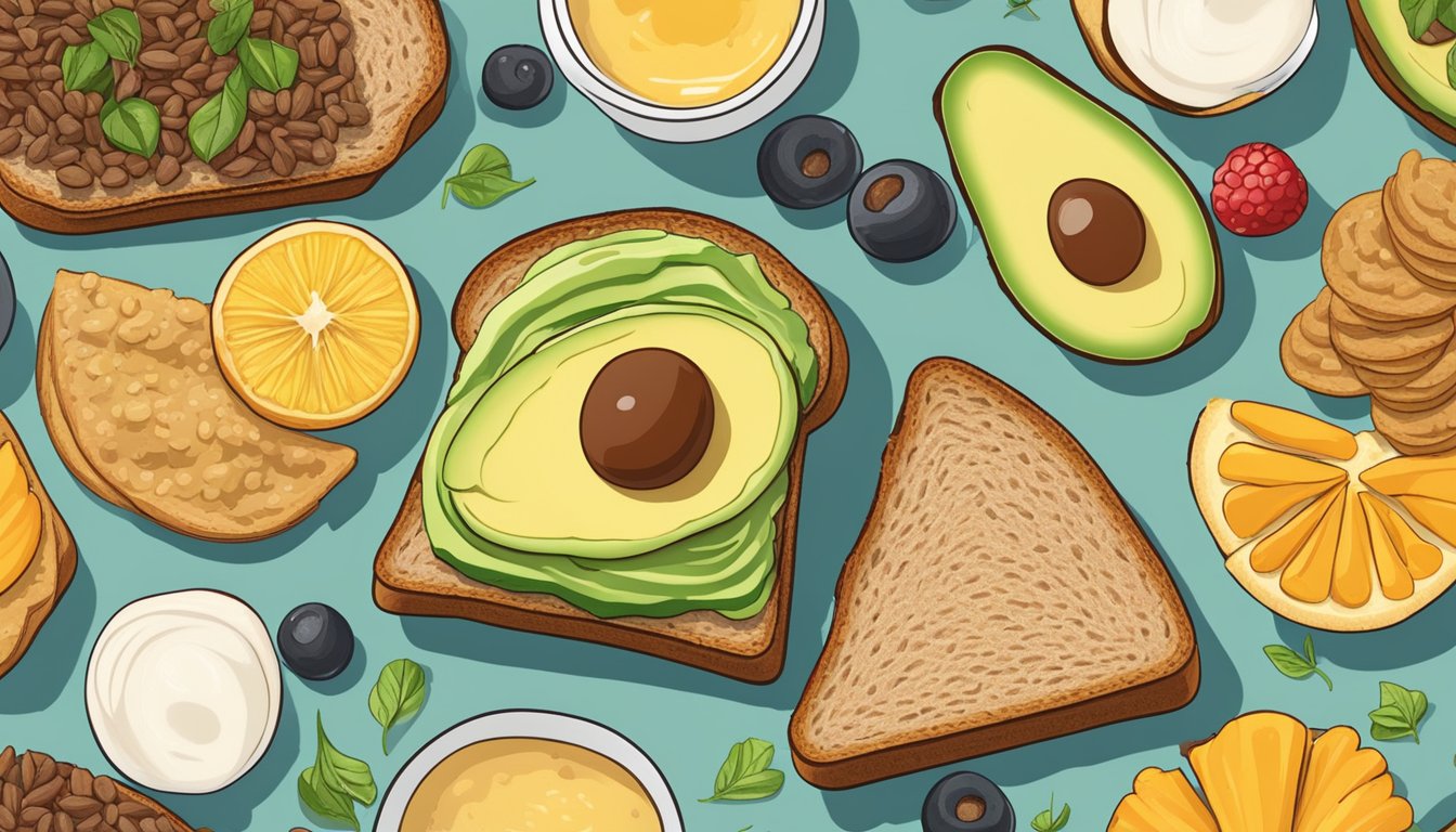 A slice of whole grain toast topped with avocado, surrounded by a variety of fiber-rich breakfast foods