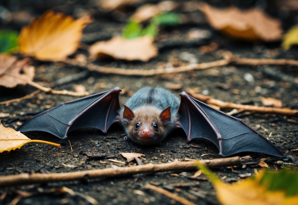 A small, lifeless baby bat lies on the ground, surrounded by fallen leaves and twigs. Its delicate wings are spread out, and its tiny body is still and motionless