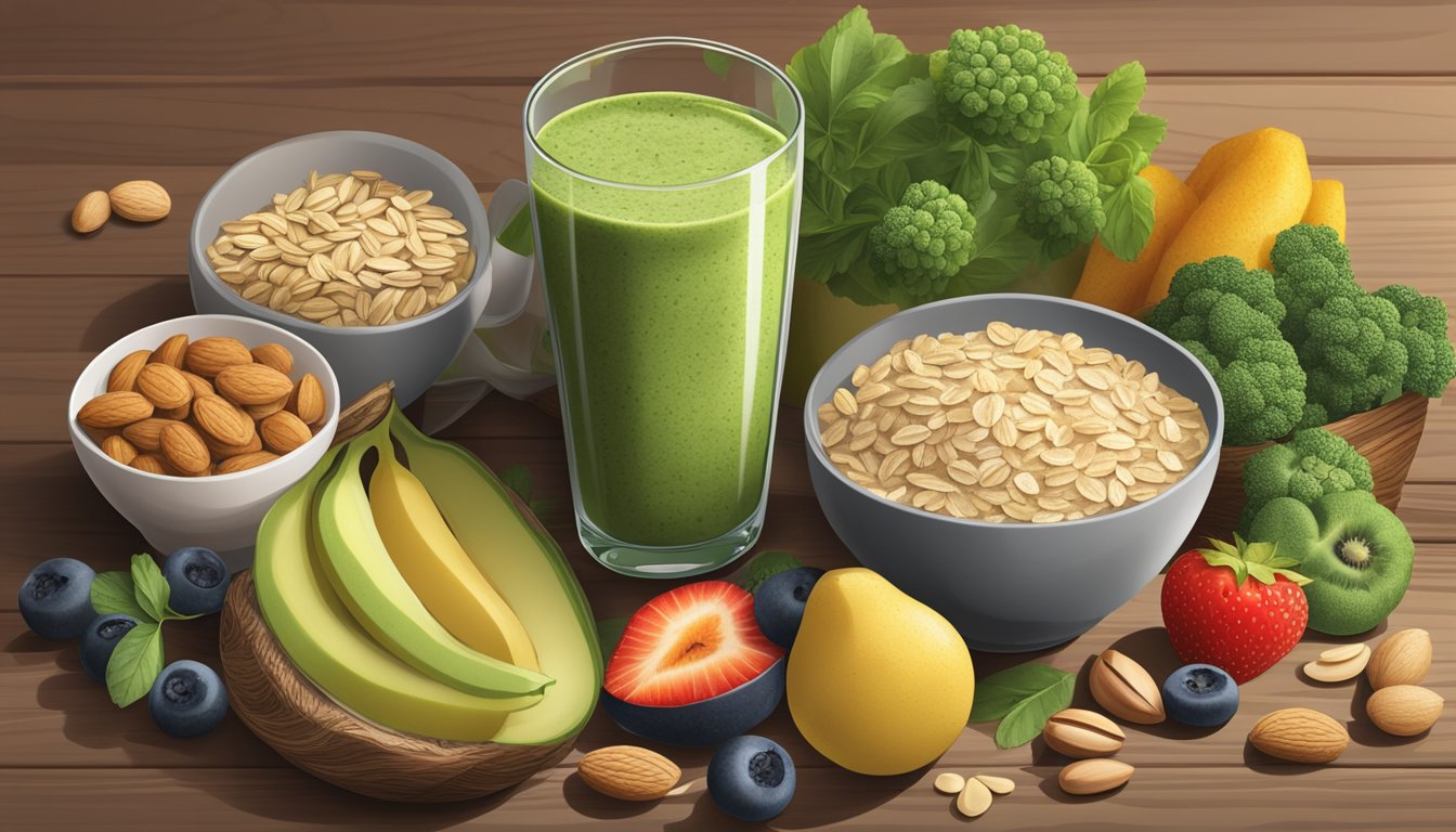 A glass of green smoothie surrounded by a variety of fiber-rich breakfast foods like oats, nuts, and fruits on a wooden table