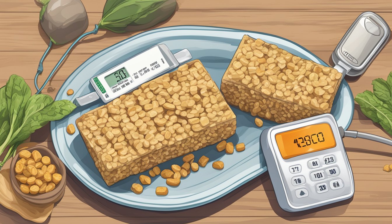 A plate of tempeh next to a blood sugar monitor and a nutrition label