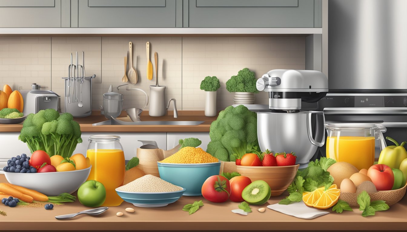 A kitchen counter with an assortment of fresh fruits, whole grains, eggs, and vegetables, along with a variety of cooking utensils and appliances