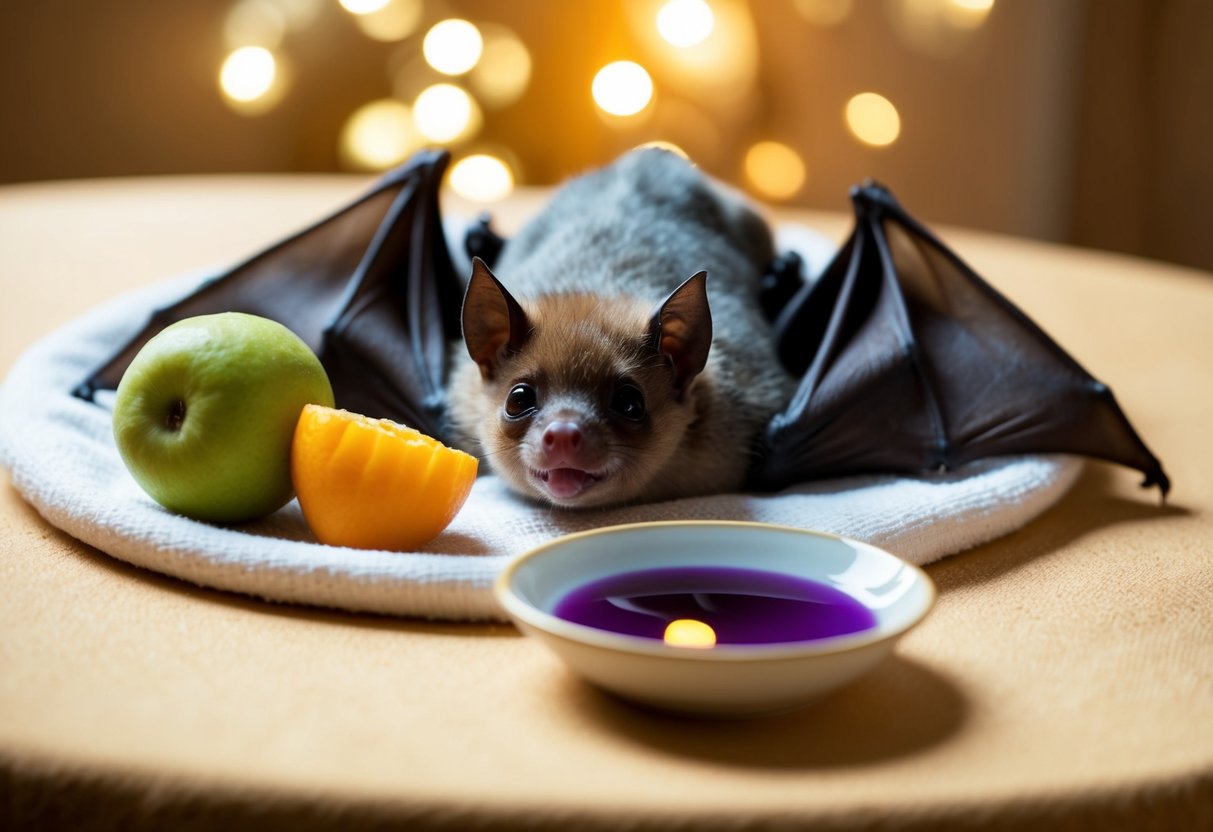 A baby bat lying on a soft cloth, surrounded by fresh fruit and a shallow dish of water. A warm, dimly lit space with gentle background noise