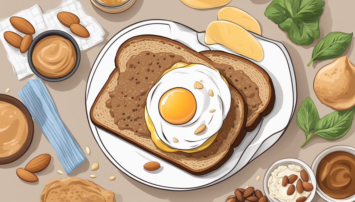 A slice of whole grain toast topped with almond butter, surrounded by a selection of protein-rich foods such as eggs, Greek yogurt, and nuts