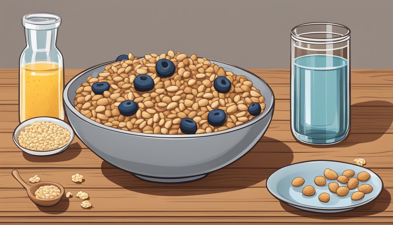 A bowl of whole grain cereal with nuts surrounded by various fiber-rich breakfast foods on a wooden table, with a glass of water nearby