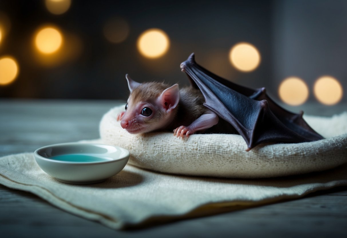 A baby bat being gently cradled in a soft cloth, with a small dish of water nearby and a dimly lit, quiet environment