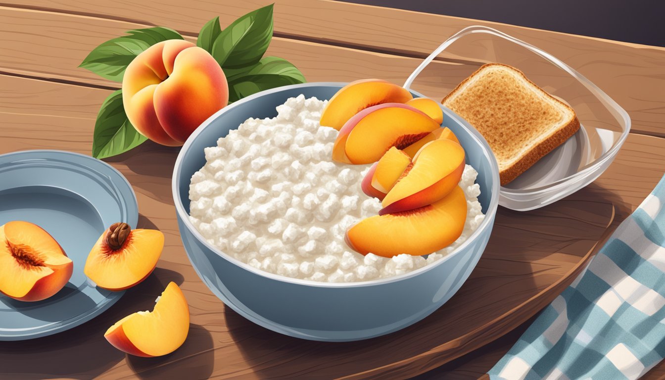 A bowl of cottage cheese topped with sliced peaches, a glass of water, and a plate of whole grain toast on a wooden table