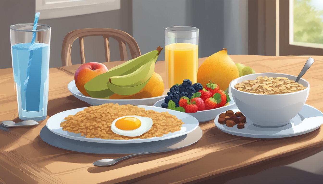 A breakfast table with a variety of fiber-rich foods such as oats, fruits, nuts, and whole grain bread. A glass of water and a plate of colorful foods are also present