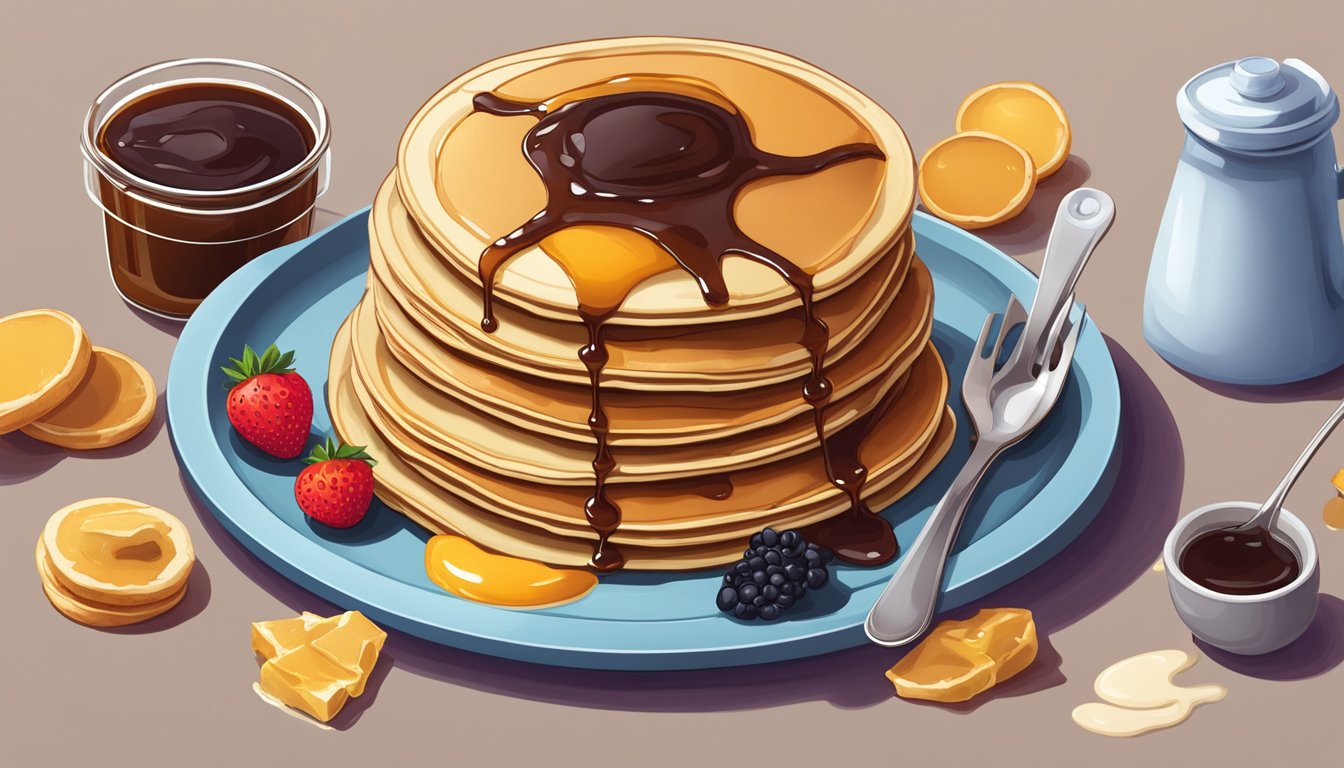 A stack of pancakes drenched in syrup, surrounded by forbidden foods for diabetics