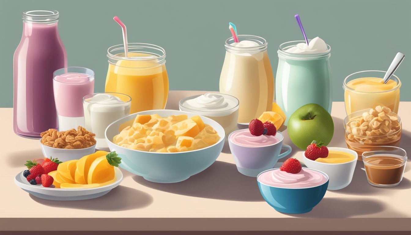 A table with a variety of flavored yogurts, surrounded by images of the 8 worst breakfast foods for diabetics