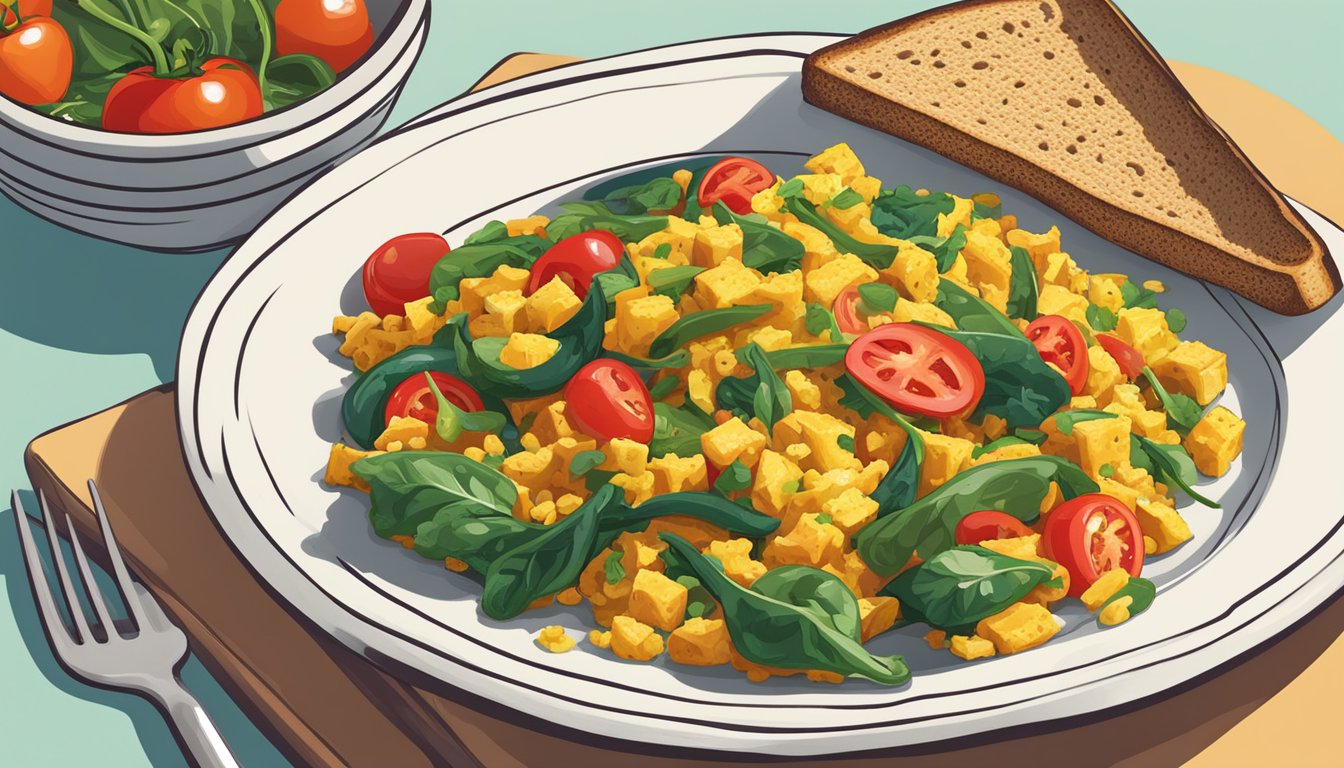 A colorful plate of tofu scramble with a variety of vibrant vegetables, including spinach, bell peppers, and tomatoes, served with a side of whole grain toast