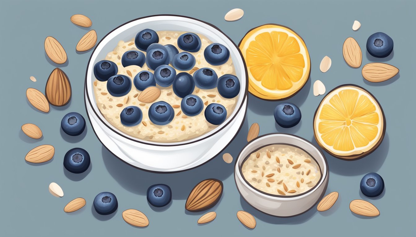 A bowl of overnight oats with blueberries and almonds, surrounded by fresh ingredients and a recipe book