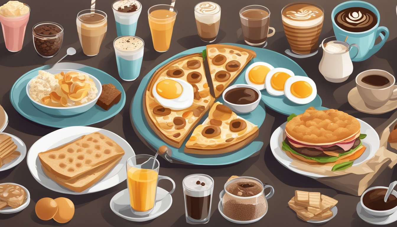 A table with a variety of sweetened coffee drinks and breakfast foods labeled as the "8 Worst Breakfast Foods for Diabetics."