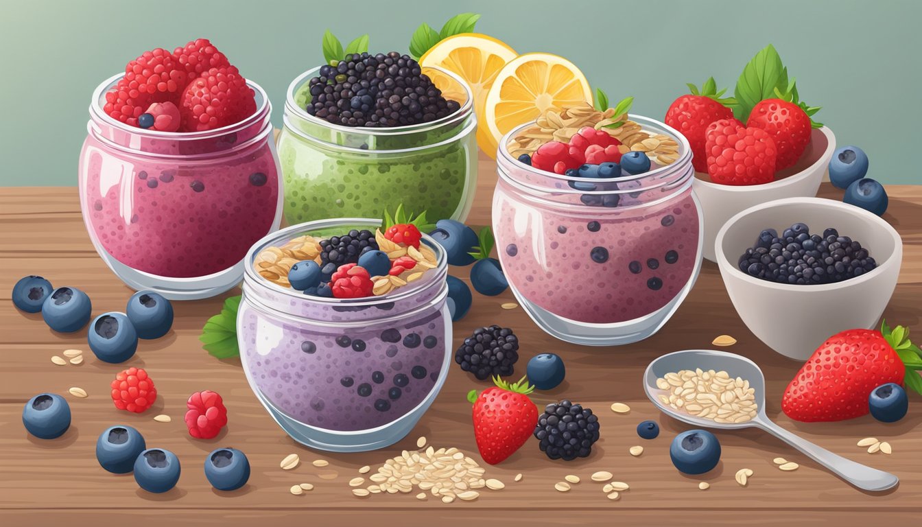 A colorful array of chia seed berry blast overnight oats, surrounded by fresh berries and seeds on a wooden table