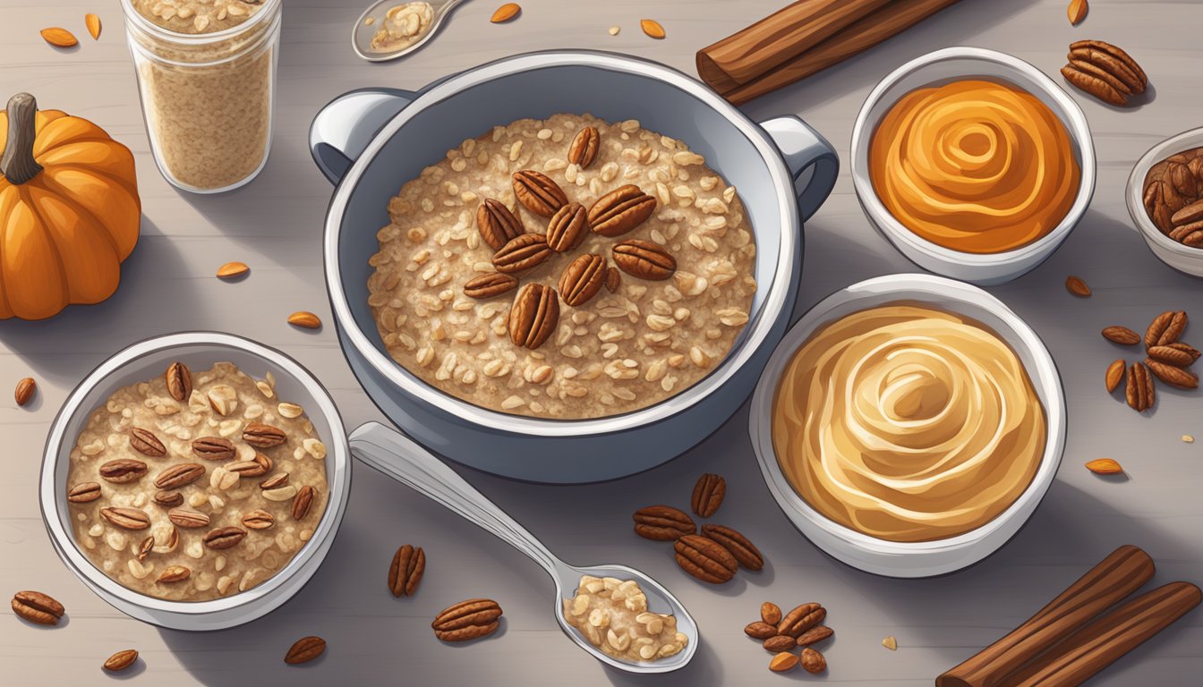 A cozy kitchen with a wooden table set with five bowls of overnight oats, each topped with pumpkin spice and pecans