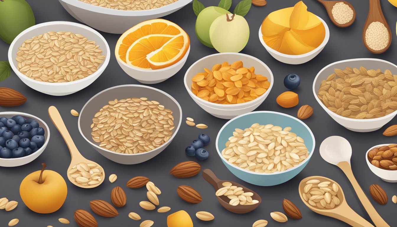 A table with a variety of ingredients such as oats, fruits, nuts, and seeds, along with bowls and spoons, set against a backdrop of a kitchen