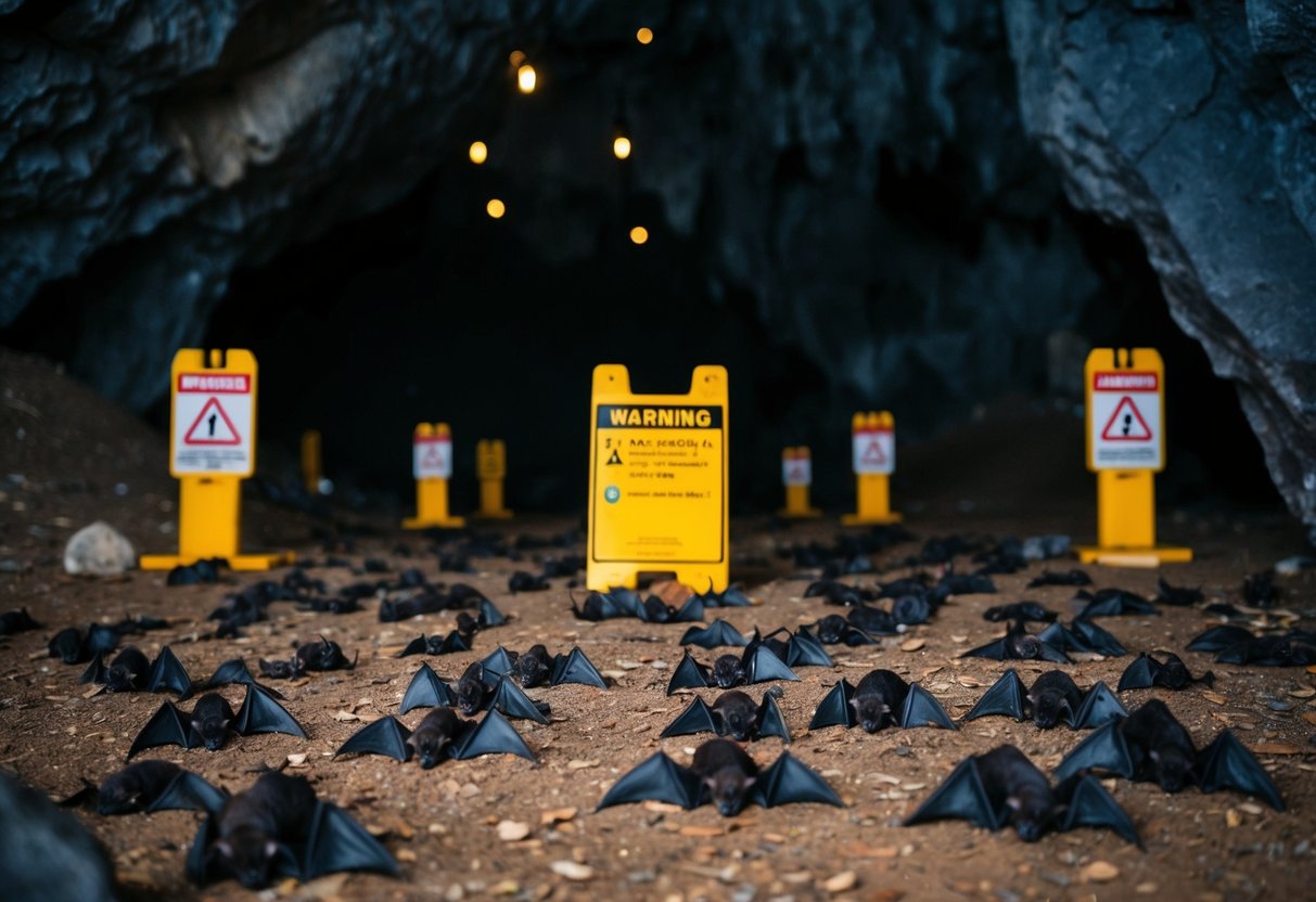A dimly lit cave with scattered dead bats, surrounded by warning signs and protective gear