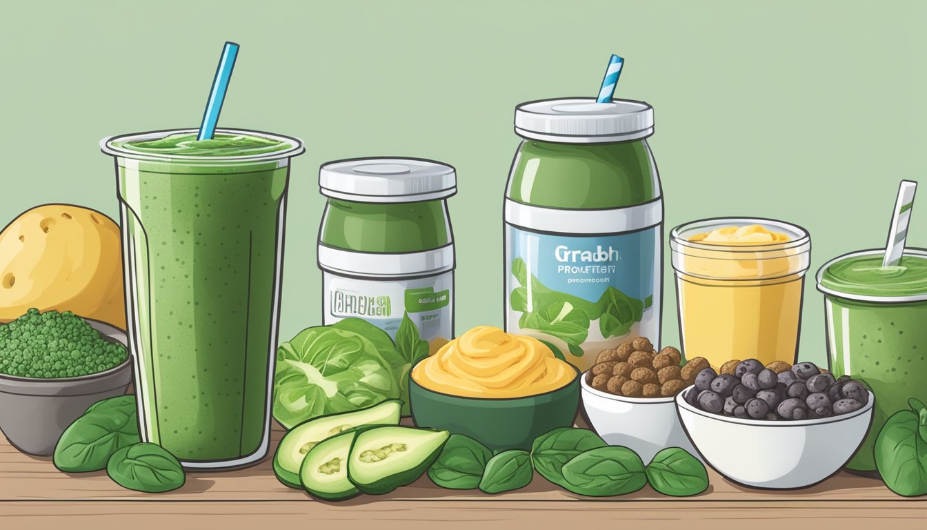 A green smoothie with spinach and protein powder sits next to a stack of grab-and-go breakfast options