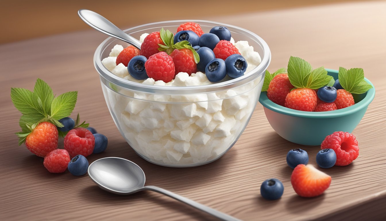 A small bowl of cottage cheese topped with fresh berries sits on a wooden table next to a to-go container and a spoon