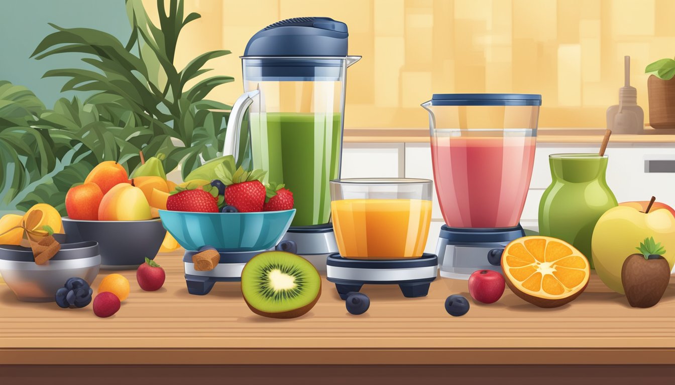 A table set with a variety of fruits, a blender, and a glass of cinnamon apple smoothie