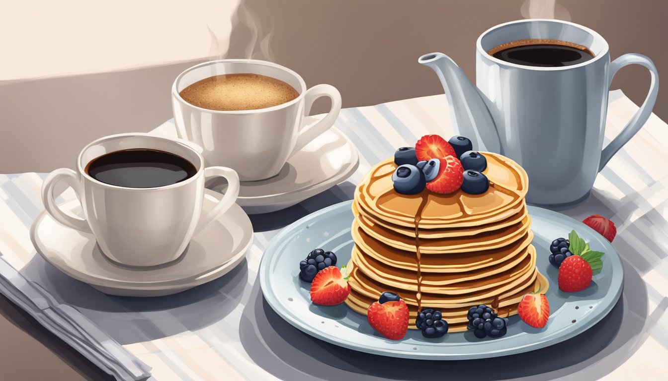 A stack of almond flour pancakes drizzled with sugar-free syrup on a plate, surrounded by fresh berries and a cup of black coffee