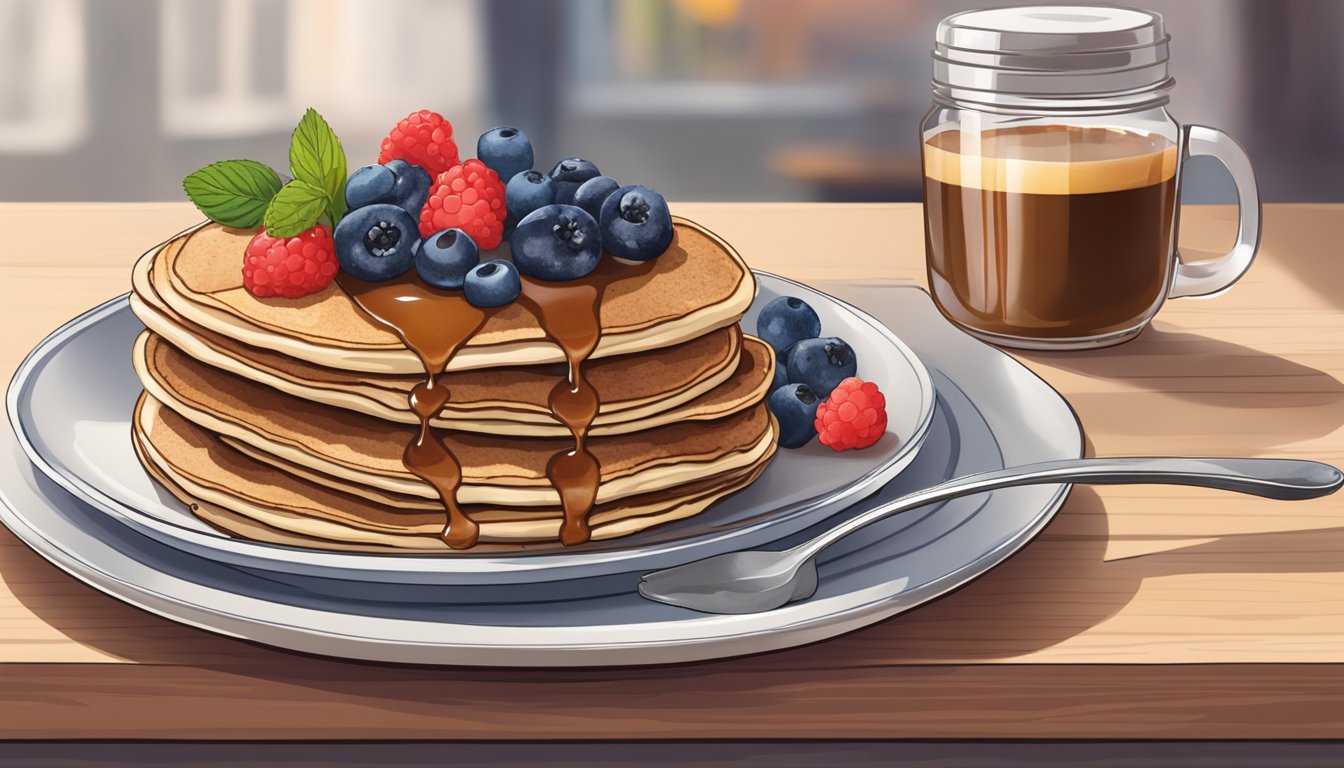 A plate of buckwheat pancakes topped with fresh berries, accompanied by a cup of coffee and a small jar of sugar-free syrup on a breakfast table