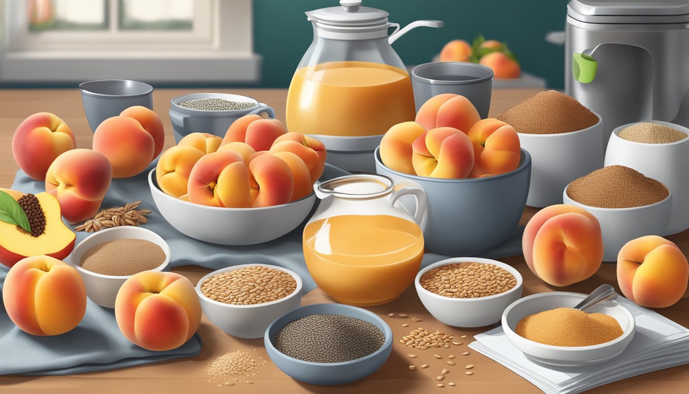 A colorful array of fresh peaches, flaxseeds, and other ingredients arranged on a kitchen counter, surrounded by blending equipment and recipe books