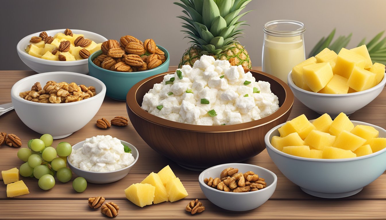 A bowl of cottage cheese topped with pineapple chunks and walnuts sits on a wooden table, surrounded by a spread of low-carb breakfast options