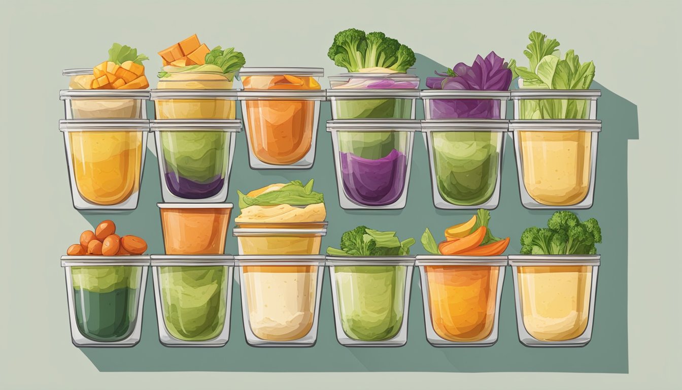 A table with a variety of colorful veggie cups filled with hummus, arranged neatly for grab-and-go breakfast options