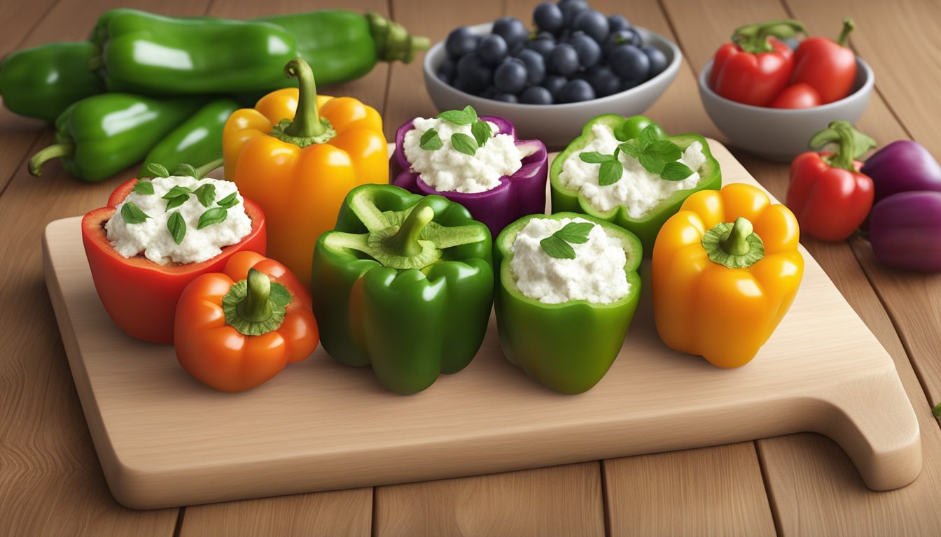 A plate of colorful bell peppers stuffed with cottage cheese, arranged neatly on a wooden cutting board with a variety of fresh fruits in the background