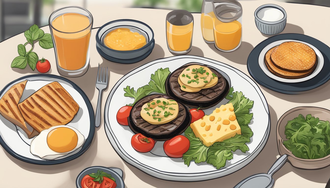 A plate of grilled portobello mushrooms topped with tomato and cheese, surrounded by low-carb breakfast items