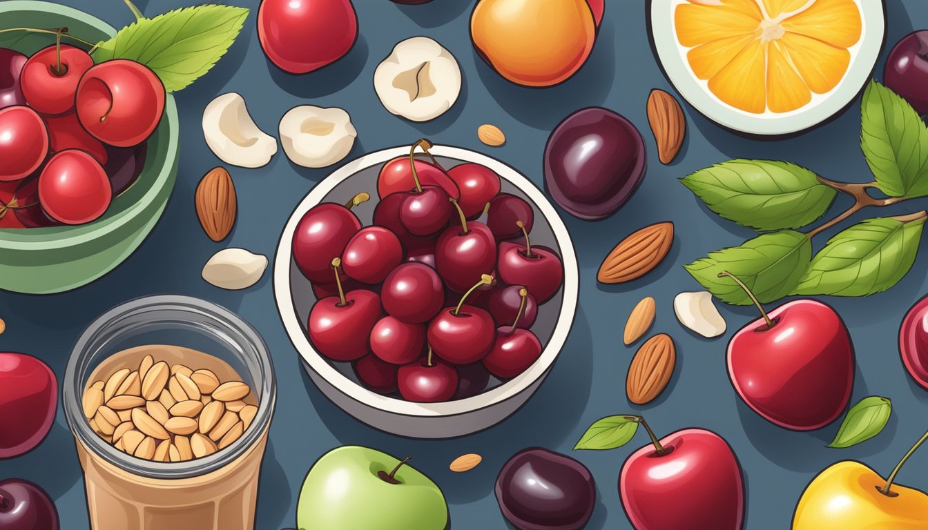 A colorful array of fresh cherries, almonds, and various ingredients laid out on a kitchen counter, ready to be blended into a nutritious smoothie