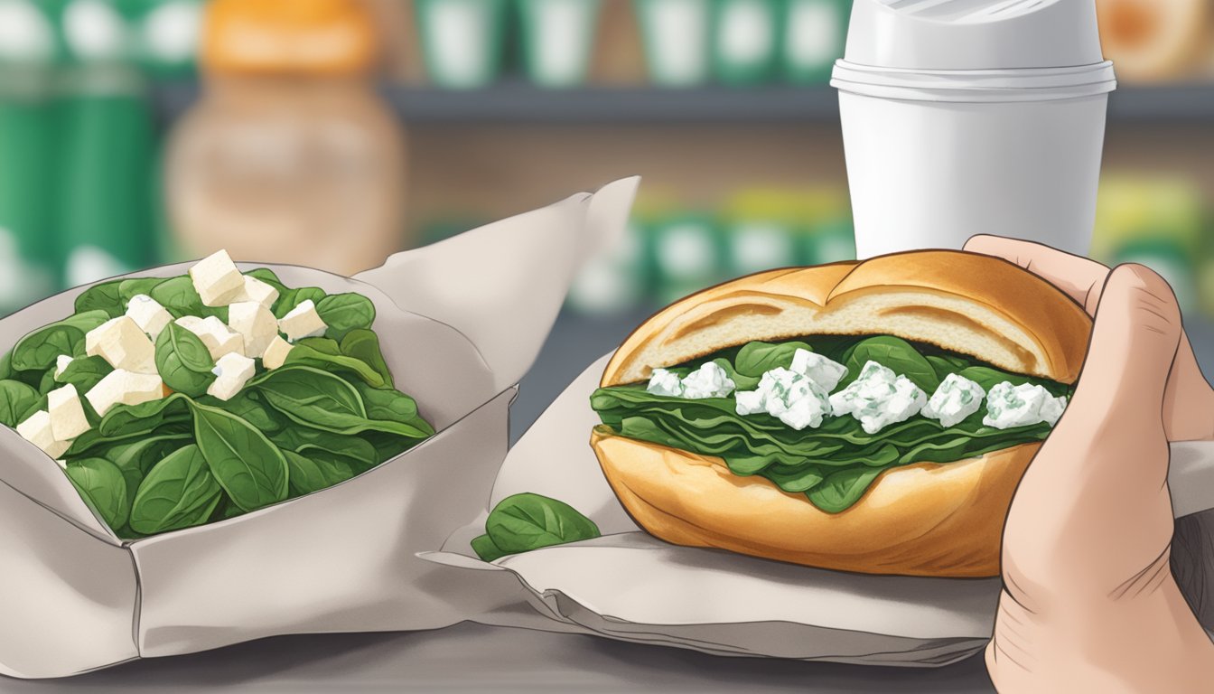 A hand holding a spinach and feta pocket with other grab-and-go breakfast items in the background