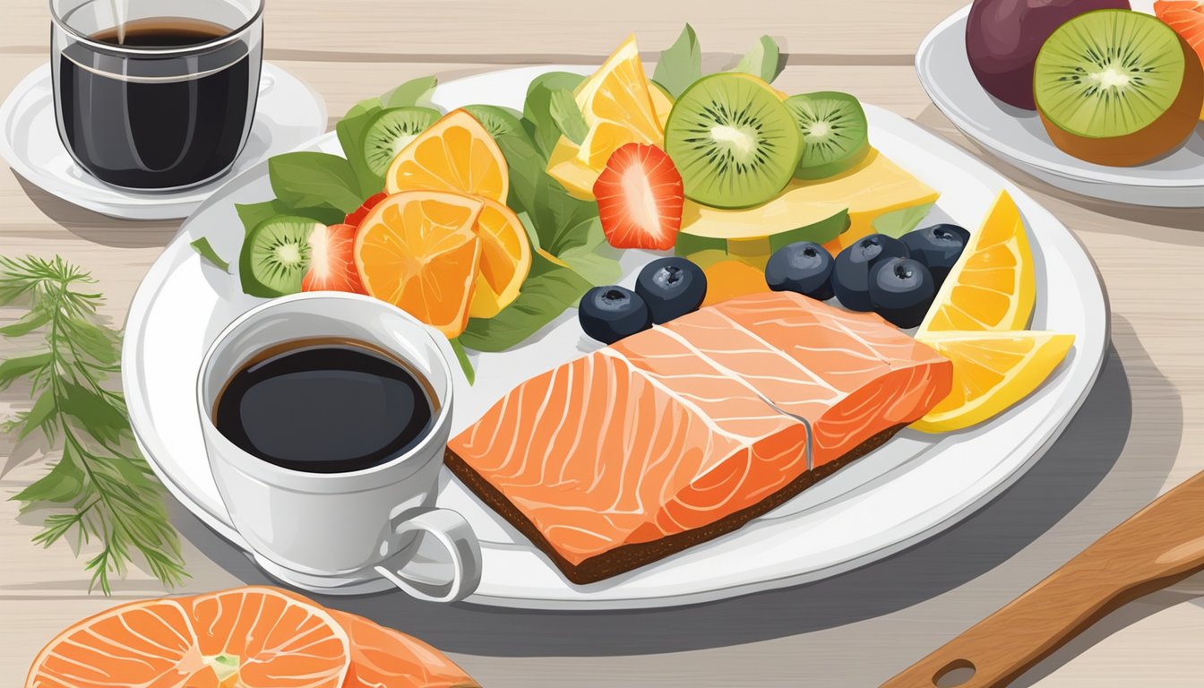 A plate with smoked salmon on rye, accompanied by a side of fresh fruit and a cup of coffee, sits on a table