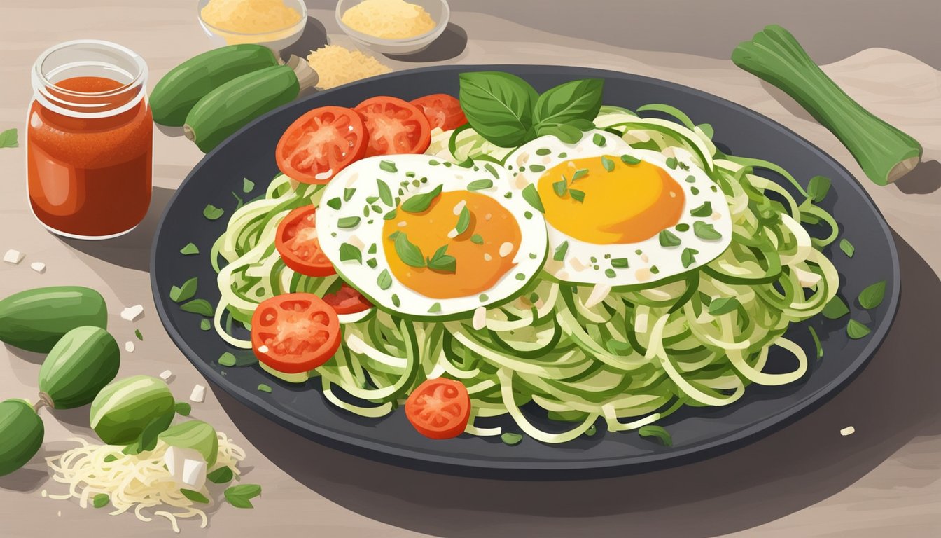 A plate of zucchini noodles topped with marinara sauce and grated parmesan, surrounded by low-carb breakfast ingredients