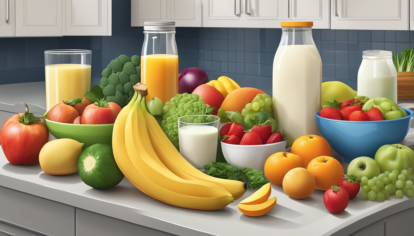 A colorful array of fresh fruits, vegetables, and dairy products displayed on a kitchen counter, ready to be blended into diabetic-friendly breakfast smoothies