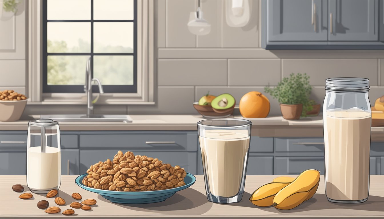 A tall glass filled with protein shake and almond milk surrounded by various grab-and-go breakfast items, such as granola bars and fruit, on a kitchen countertop