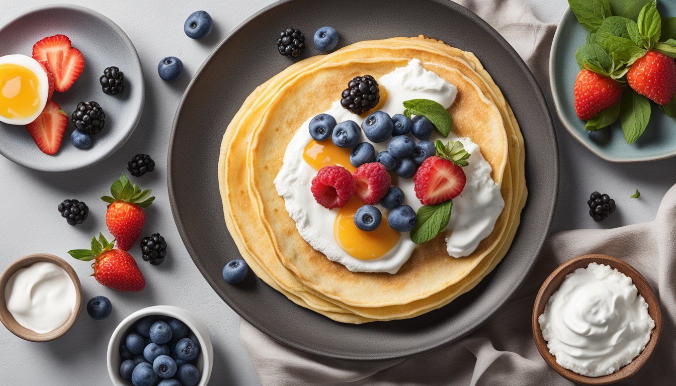 A plate of coconut flour crepes topped with ricotta and fresh berries, surrounded by a variety of low-carb breakfast ingredients